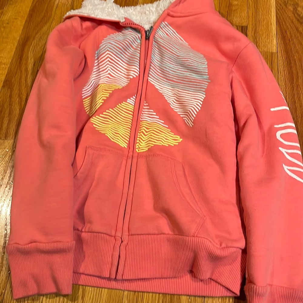 Size 10 zip up from Mudd that is coral/pink and super fluffy on the inside.